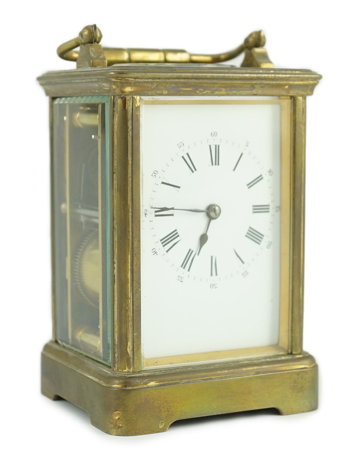 An early 20th century French brass carriage clock by Drocourt & Co. of Paris, 8.5cm wide, 7.5cm deep, 13.5cm high